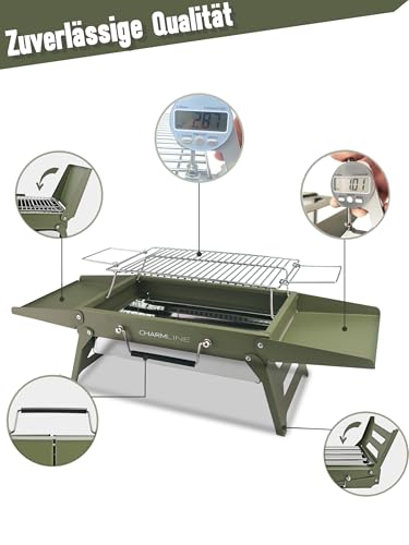 Charmline Tragbarer Holzkohlegrill, Klappbarer Campinggrill 35 x 23 cm für 1–3 Personen, Mini BBQ Grill für Balkon, Garten, Camping, Picknick und Strand, Grün 3