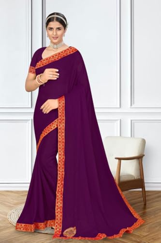Image of V4M, Women's Fancy Chiffon Dyed Saree With Unstitched Blouse Piece Fancy Look.