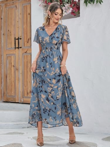Image of Simplee Women's Boho Floral Maxi Dress Flowy Casual V Neck Short Sleeve Wedding Guest Holiday Beach Long Dress