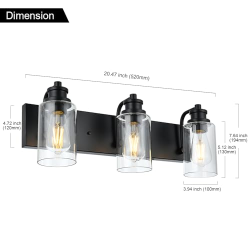 Image of 3 Head Vintage Bath Vanity Light Fixtures in Matte Black Finish,Classic Clear Glass Shade Bathroom Lighting Over Mirror Metal Wall Mount Lamp