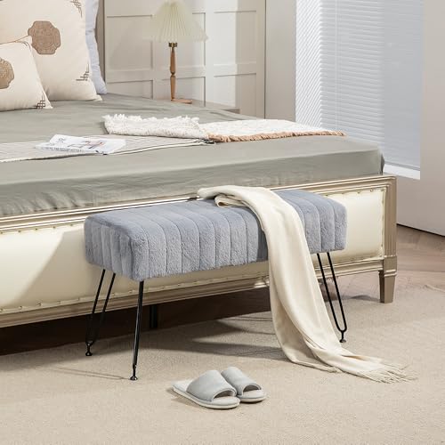 HOMCOM Graue Schuhbank mit Kunstfell-Optik für Schlafzimmer und Wohnzimmer