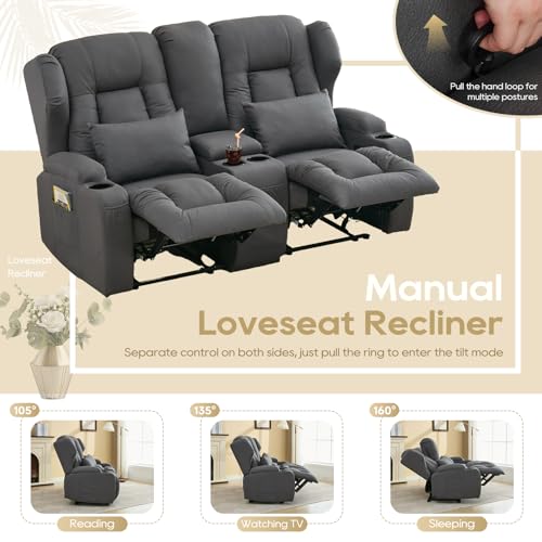 Image of IPKIG 65.3 inch RV Loveseat Recliner Sofa with Storage Console, Leathaire Fabric Wall Hugger Reclining Chair with Cup Holders and Side Pockets, Home Theater Seating Manual Recliner for Living Room (Grey)