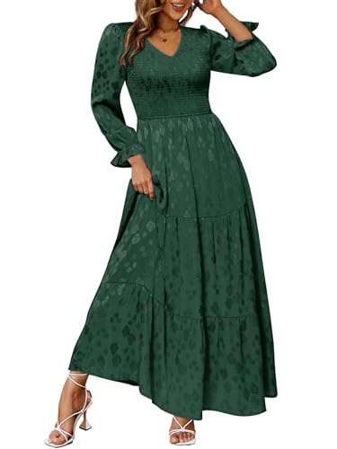 Simplee Womens Long Sleeve Smocked Maxi Dress Tiered V Neck Flowy Fall Wedding Guest Long Dresses with Pockets