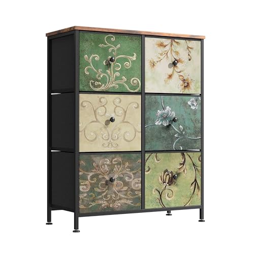 VixorLuilith Cajonera con 6 cajones de tela, aspecto vintage de madera, cómoda para dormitorio, estilo rústico, cómoda, marco de metal, para cocina, oficina, pasillo (6 cajones)