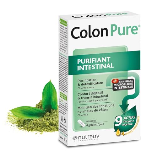 NUTREOV - COLON PURE - Purifiant Intestinal, Transit, Anti-Ballonnements - A Base d’Actifs d’Origine Naturelle, Sans Gluten ni Lactose - 80 Gélules