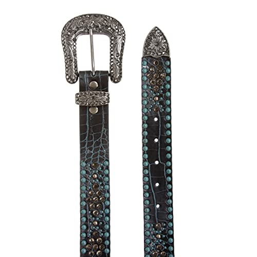 Western Croco Print Rhinestone & Turquoise Studded Leather Belt4