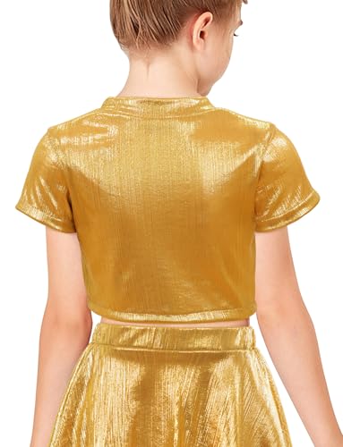 2025 Shiny Metallic Crop Top Kids Short Sleeve Dance T Shirt Casual Concert Sequin Tee Party2