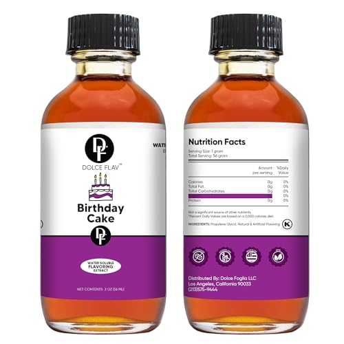 Image of Dolce Flav Birthday Cake Extract - 2 Ounce Water-Soluble Kosher, Sugar-Free, Concentrated Festive Cake Flavoring for Frostings, Cupcakes & Desserts, Includes Measured Dropper, 2 oz Pack of 2