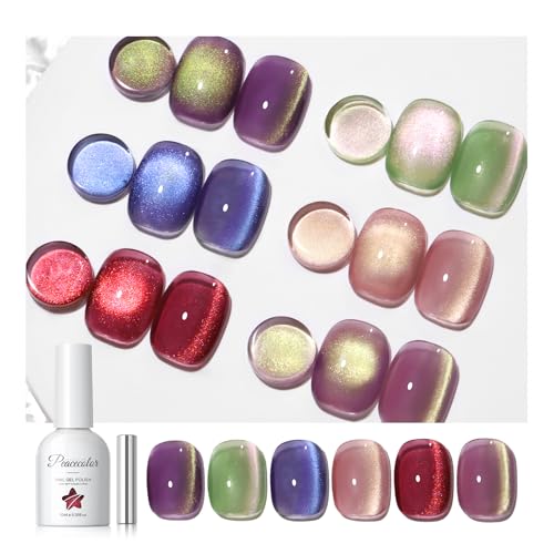 PEACECOLOR Cat Eye Gel Nail Polish - 6 Colours 10ML Gel Polish Set Glitter Purple Green Blue Pink Red Colour Nail Polish with Magnet Soak Off Holographic Polish Manicure Set Salon Home Gift for Women