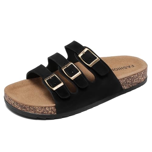 Women's Cork Footbed Sandals, Mens Open Toe Slides with Adjustable Buckle Comfort Slip On Slippers for Summer