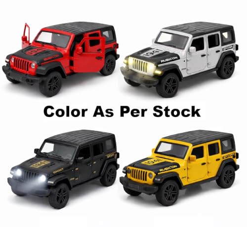 Image of 1:36 Scale Diecast Rubicon Toy Car - Pullback SUV Model with LED Lights, Sound, Openable Doors - Off-Road Jeep Collectible for Kids Boys Girls Age 3+ Years - (Color As Per Stock)