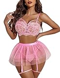 Avidlove Sexy Lingerie for Women Lace Baydoll Set Bridal Mini Skirt Deep V Strap school girl outfit lingerie (Pink, Medium)