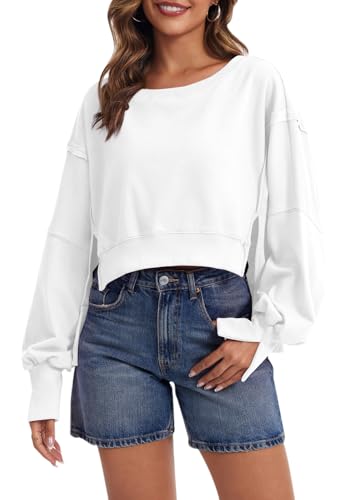 La Mejor Selección de Ropa de Cricket para Mujer comprados en linea. 45 MAOECO - Sudadera para mujer, con cuello redondo, manga larga, sin botones, de gran tamaño, con abertura lateral, ropa de invierno 2024, Blanco, M