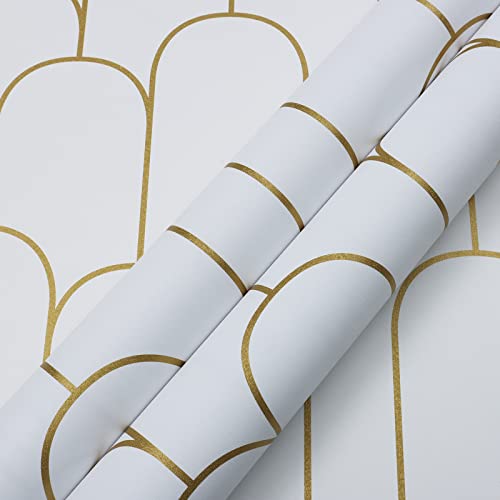 VANISA Tapete Geometrisch Klebefolie Selbstklebend Möbelfolie Weiß und Gold Dekorfolie Streifen Wandverkleidung Vinyl Wandaufkleber Wasserfest Folie für Wand Möbel Wand DIY 44x300cm