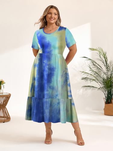 Image of LARACE Plus Size Dresses for Women Summer Casual Short Sleeve Long Dress Flowy Maxi Beach Dresses with Pockets L-6XL
