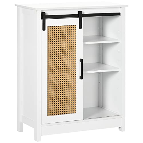 kleankin Meuble de Salle de Bain sur Pied Meuble de Rangement Placard Armoire de Rangement Buffet de Cuisine 2 étagère réglables avec façade cannage Aspect Bois Blanc - 66 x 33 x 85 cm