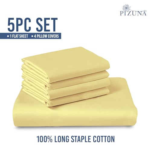 Image of Pizuna 100% Cotton Bedsheet Super King Size Mellow Yellow, 1000 Thread Count Long Staple Combed Cotton Flat Bedsheets 108x108 Inches with 4 Pillow Covers, Bed Sheet for Super King Size Bed