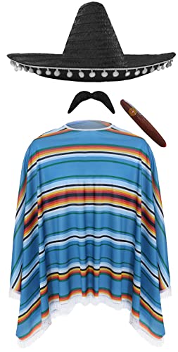 Mexican Man Costume - Blue Green & Orange Poncho Black Sombrero Mexican Tash Fake Cigar - Adults Western Bandit Wild West Cinco de Mayo Fancy Dress Costume