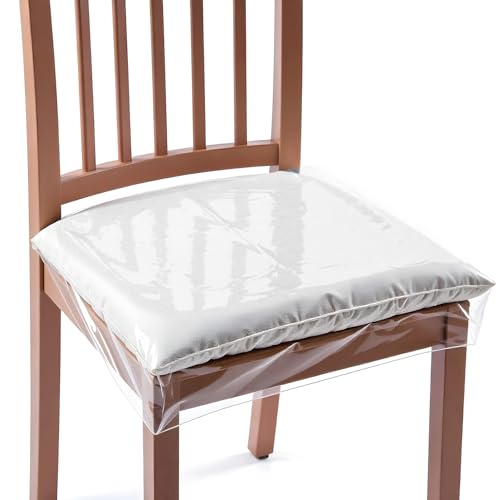 Josojoou 4 Pack Plastic Chair Seat Covers, Adjustable Clear PVC Seat Covers for Dining Room Chairs, Waterproof Plastic Chairs Cover, Removable and Washable Kitchen Dining Chair Protector