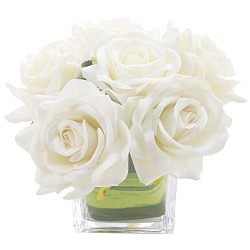 Fule Artificial Velvet Rose Flower Centerpiece Arrangement in vase for Home Wedding Decoration (Ivory)