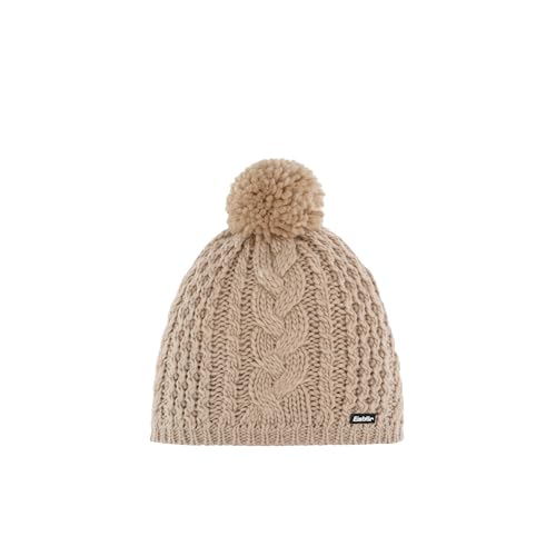 Eisbär Mütze Damen Afra Pompon Beige - Merino Wollmütze für Frauen mit Fleece schützt vor Kälte und Wind - Bommelmütze Pudelmütze mit Zopfmuster Bequeme Strickmütze