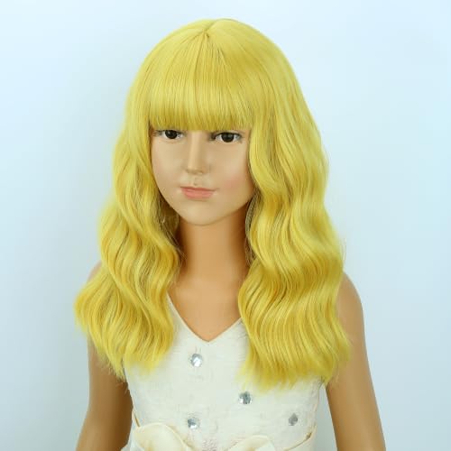 Image of Golden Blonde Wig Short Blonde Wavy Curly Wigs Wig with Air Bangs Synthetic Cosplay Hair Wigs