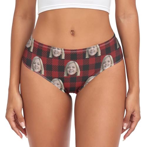 CHIFIGNO Ropa interior personalizada con foto de cara divertida para mujer, bragas de bikini personalizadas, calzoncillos suaves, regalo personalizado para novia y esposa, 9-cuadros rojos, XXL