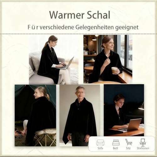 ZCJ Poncho Damen Winter - Dicker Fleece Umhang mit Reißverschluss als kuschelige Decke & warme Bettjacke für Büro, Reise, Couch, Schwarz 150X80CM