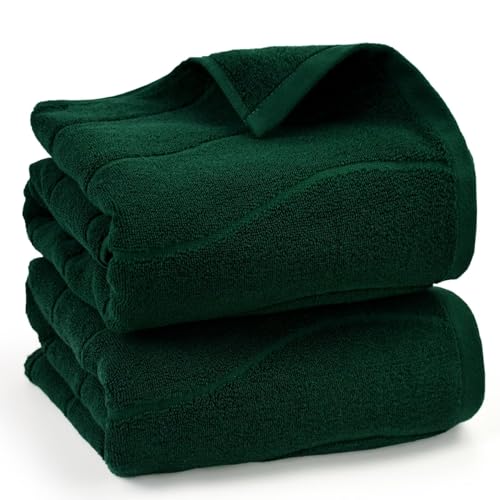 Juego de 2 toallas de baño de algodón verde oscuro con relieve de rayas onduladas 2