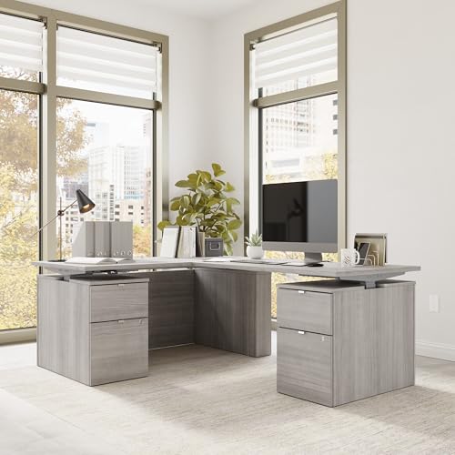 Image of Bush Business Furniture 60-inch Height Adjustable L Shaped Standing Desk with Drawers, Ergonomic Sit-Stand Computer Table for Office, Stratus Collection, Platinum Gray with Metallic Gray Base