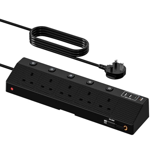 Socket Extension Lead with 2 PD 30W Fast Charging USB Slots, STGAROT 5 Way Extension Cable with Individual Switches, Retractable USB C Cable 5 USB Ports, Surge Protected Extension Lead 1.8M, Black