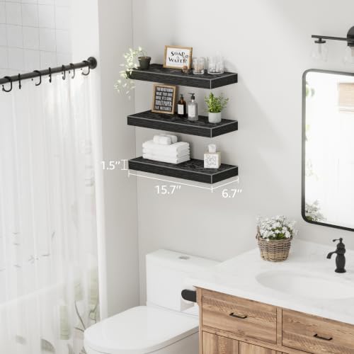 Image of QEEIG Floating Shelves for Wall Bathroom Shelf Bedroom Kitchen Living Room Hanging Book Shelves Small Farmhouse Decor 16 inch Set of 3, Black (015-B3)