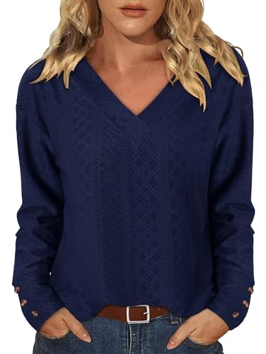 KISSMODA Long Sleeve Fall Shirts For Women V Neck Tunic Tops Embroidered Button Down Knitted Blouses 2025