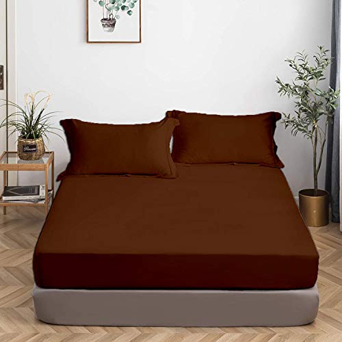 Image of All Around Brushed Microfiber Double Bed Fitted Sheet - (72 x 78) Inches - 8'' Deep Pocket Elastic Fitted Bedsheet + 1 Pillow Cover 400 Series Extra Soft & Easy Fit - Chocolate
