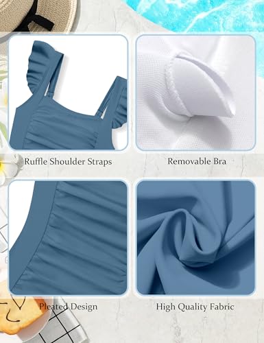 Image of Girls Swimsuit Ruffle Solid One Piece Bathing Suits 7-18 Years | Teen Bathing Suits for Girls Ruched Sleeveless Girls' Swimwear
