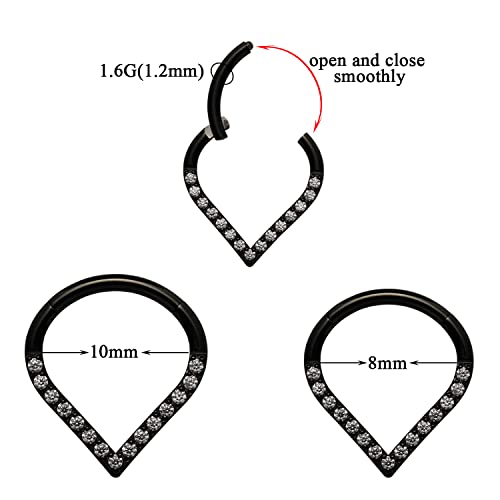 16G Black Piercing Clicker 316L Stainless Steel Hinged Segment Nose Ring Cz Round Teardrop Double Circle Shape Septum Clicker Hoop Daith Lip Rook Tragus Piercing For Men Women (Black+Teardrop Shape+Clear Cz, 16G-10Mm) #TOP1