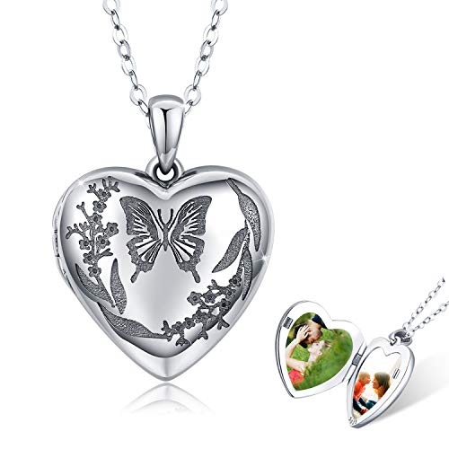 Locket Necklace That Holds Pictures 925 Sterling Silver Vintage Oxidized Butterfly Flower Photo Locket Heart Pendant Jewelry Gifts for Women Birthday Mother's Day