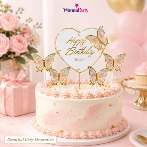 Image of Wanna Party Happy Birthday Cake Topper with Multicolor Butterflies, 5 Pcs Butterfly Cake Decoration Set for Birthday Cake, Cupcake, Dessert Table, Party Decor & Celebration Supplies