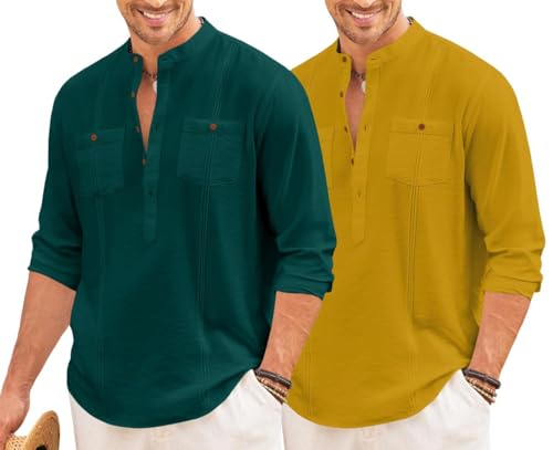Image of Macsivo Combo of Men's Regular Fit Cotton Blend Solid Casual Short Kurta with Mandarin Collar and Pockets Kurta Pack of 2