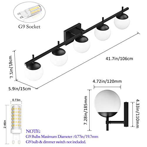 Image of Ralbay Mid Century Modern Vanity Lights Black Milky Glass Mid Century Bathroom Vanity Lights Over Mirror, Wall Light for Bathroom Black 5 Light