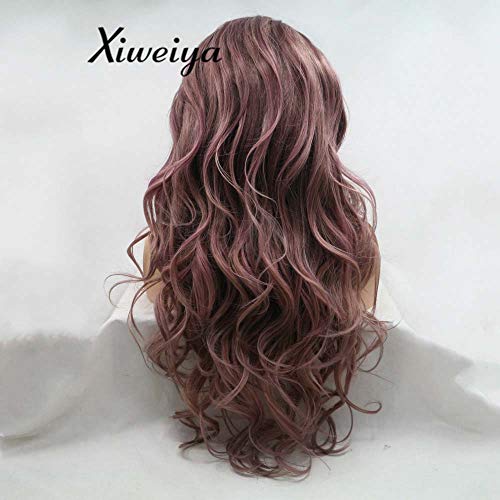 Xiweiya Smoke Purple Synthetic Lace Front Wigs Metallic Purple Rose Brown Natural Wave Wigs Heat Resistant Fiber Hair Wig Long Wavy Wig Middle Parting Cosplay Wigs - Image 4