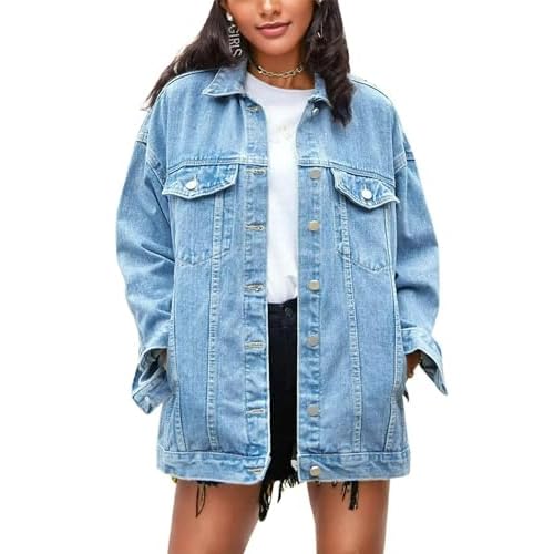 Omoone Oversized Denim Jacket Women Mid Long Casual Jean Coat | Blue…