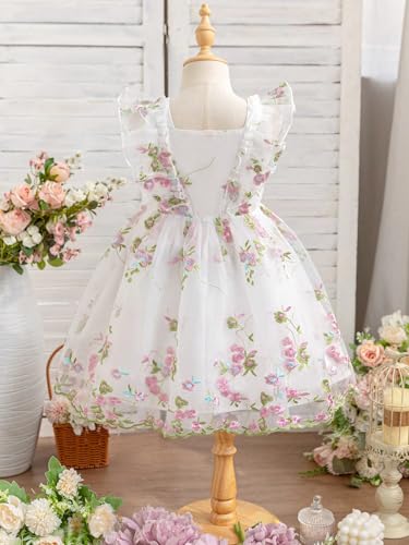 Image of Tagas Girls' Knee-Length Dress|Elegant Floral Embroidered Baby Girl Party Dress with Bow|Soft Net Layered Frock for Birthday, Wedding & Festive Occasions|Comfortable & Stylish