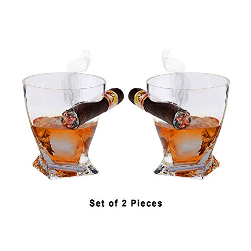Bezrat Set of 2 Twist Old Fashioned Whiskey Tumbler With Side Mounted Cigar