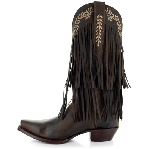Soto Boots Santa Fe Women's Fringe Cowgirl Boots With Floral Embroidery, Genuine Leather Handcrafted Fashion Cowgirl Boots With Fringe M500352