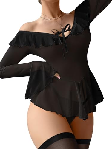 Image of Foxiny Sheer Ruffle Long Sleeve Babydoll Lingerie Dress | Off-shoulder neckline, flared cuffs and a flounce hem add movement; thong and thigh-high stockings complete the 3-piece set