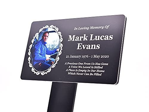 Personalised Bereavement Gifts. Large Black and White Memorial Plaque With Photo, Gardens Ground Stake Or Grave Ornaments – Acrylic, Waterproof and Hard Wearing.