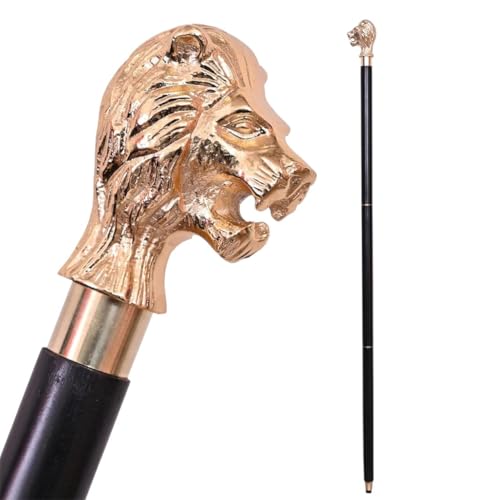 Canne décorative tête de lion en bois avec accents laiton 90 cm
