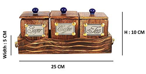 Image of HS ART Wooden Table Top Large 3 Container Canister Set with Tray and Lid for Tea Coffee Sugar container 600 ml