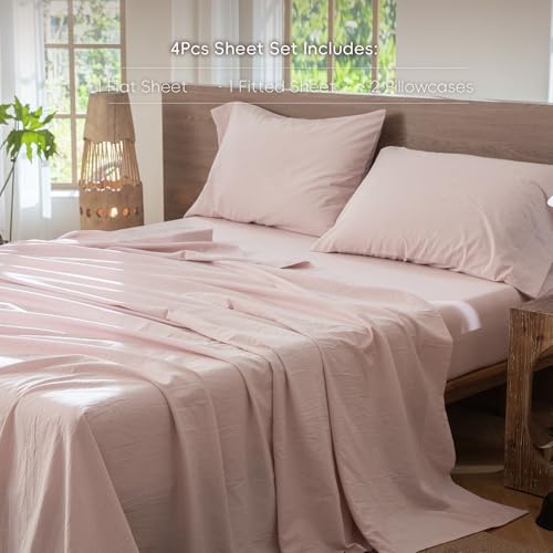 Image of MooMee Sheet Set 100% Washed Cotton Linen-Like Extra Deep Pocket King | Relaxed Linen-like Texture. Soft, Breathable & Lightweight Comfort. 15-19 inch Extra Deep Pocket with All-around Elastic